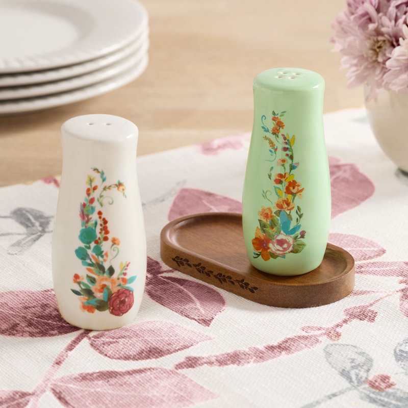 Ceramic Painted Meadow Salt & Pepper Shakers Set with Tray - 4 Pack