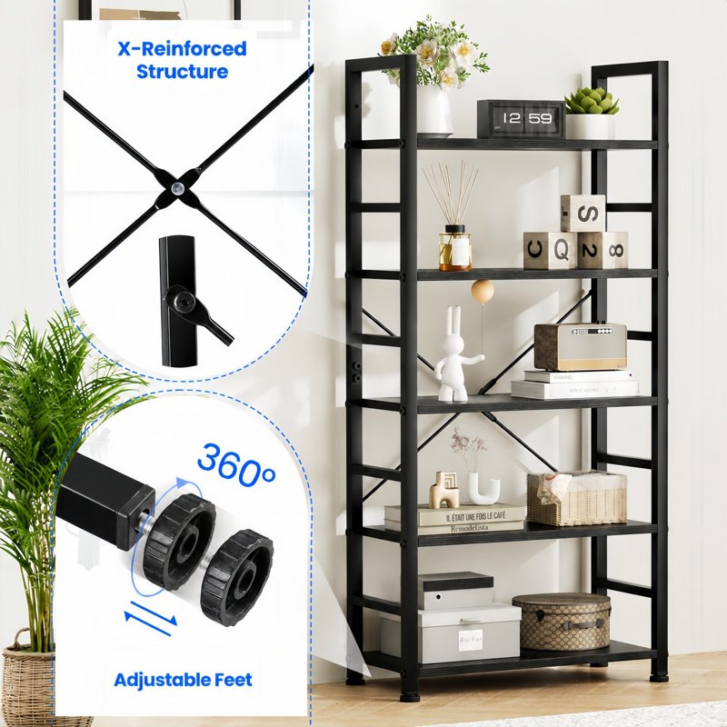 5-Tier Industrial Bookshelf - Open Storage Shelves, Metal Frame