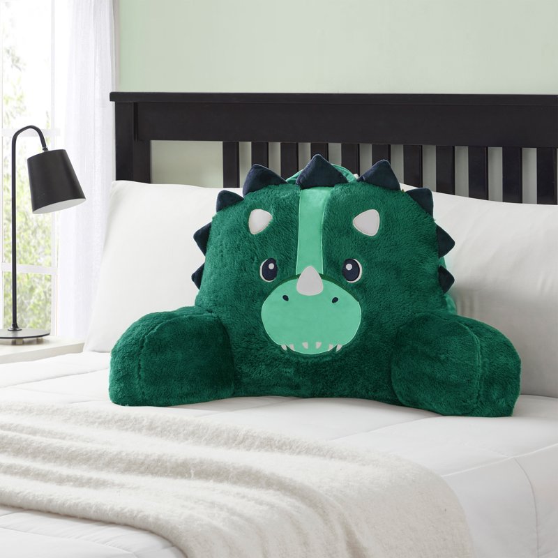 Kids Dinosaur Backrest Pillow - Teal Green Faux Fur Lounger with Armrests