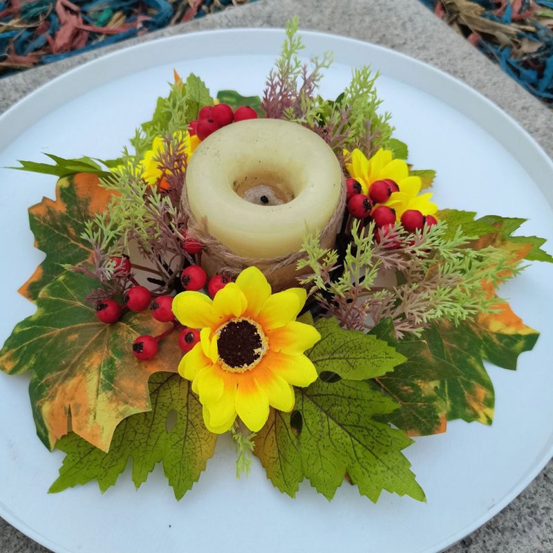 Fall Sunflower Candle Ring - Harvest Floral Mini Wreath for Pillar Candles & Decor - Variation #7