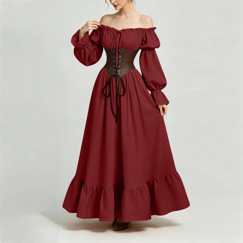 Gothic Corset Maxi Dress for Women - Halloween Victorian Long Dress BB-Wine XL