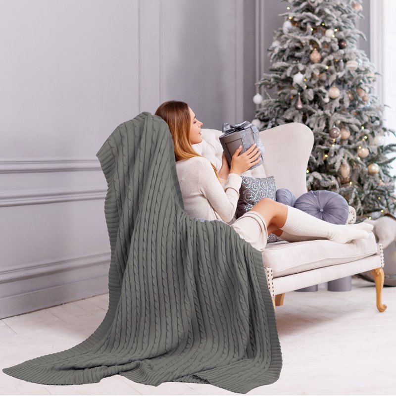 Cotton Cable Knit Throw Blanket 47x71 Inches - Nickel