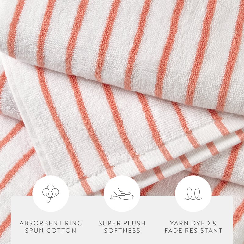 Coral 4-Pack Striped Cotton Beach & Pool Towels - Soft Absorbent Cabana Set