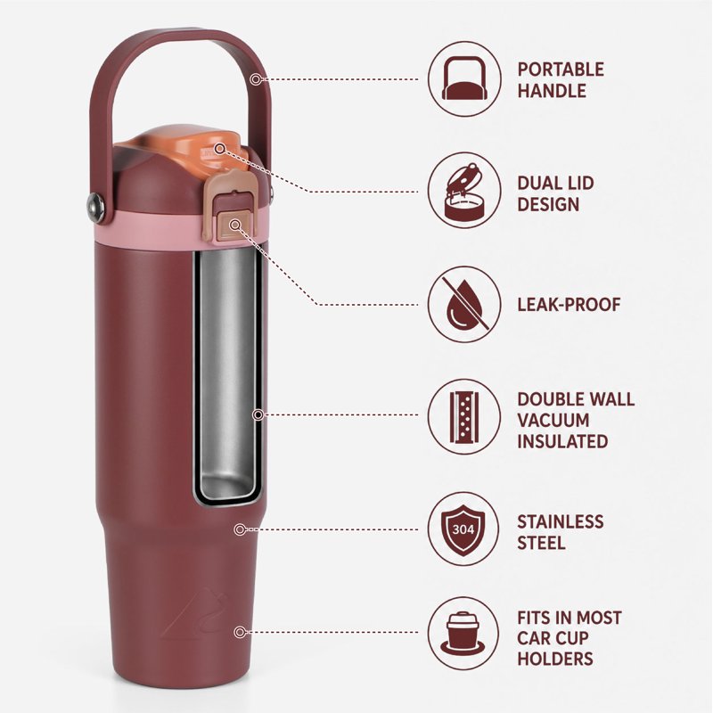 30oz Vacuum-Insulated Stainless Steel Tumbler with Dual Lids - Rose