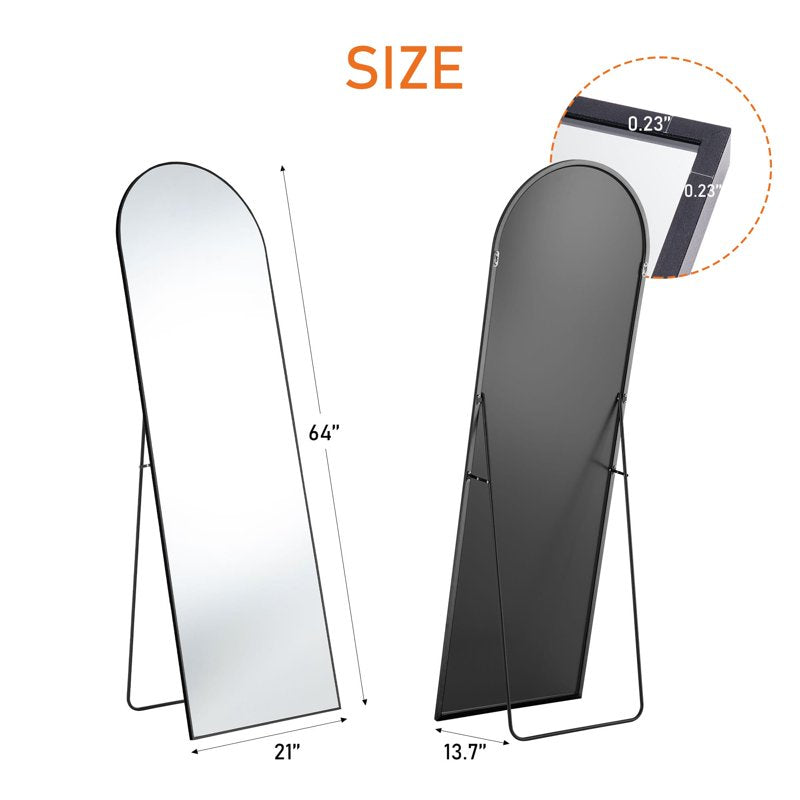 64-Inch Arched Full Length Mirror with Aluminum Alloy Frame - Black, Includes Bracket