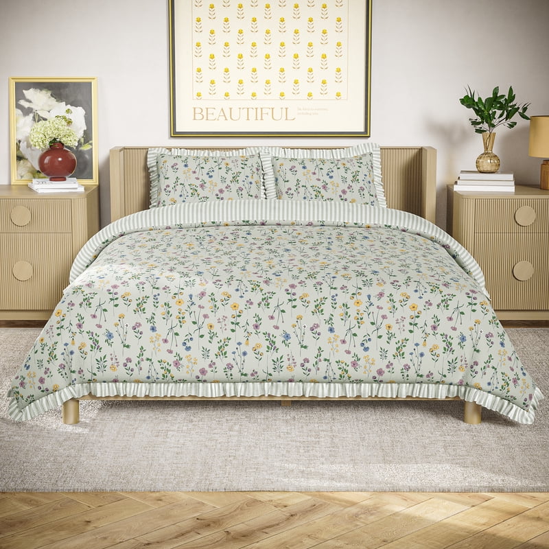 King Botanical Cotton Comforter Set - Sage Green Reversible Bed Bedding