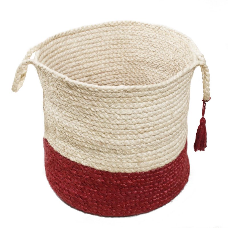Woven Round Jute Storage Basket with Handles - 19 Inch, Red/White Stripe