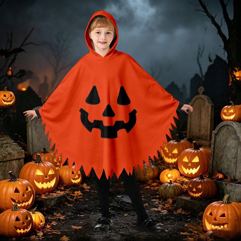 Kids Halloween Costume Hooded Pumpkin Face Cape - Unisex Dress Up Clothes, 7-9 Years - Orange-B Fancy-Dress Costumes