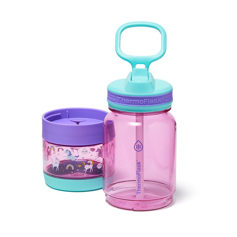 14 oz Snack and Sip Bottle with Snack Cup - Pink Unicorns