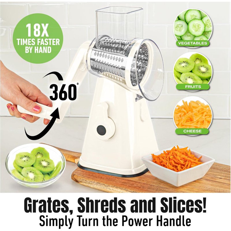 Rotary Cheese Grater with 3 Blades and Suction Cup Base - Cream