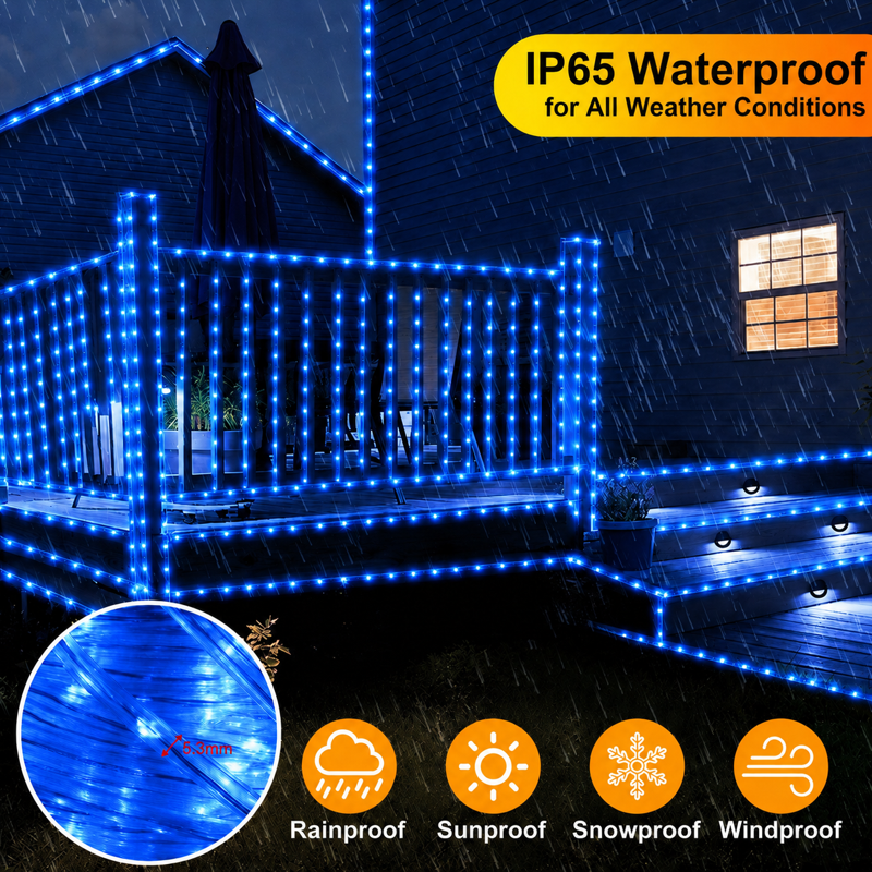Blue Solar Rope Lights Outdoor Waterproof 100LED Tube String with USB Rechargeable Timer