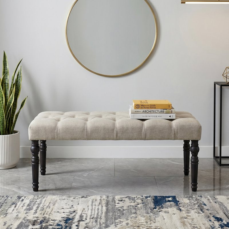 Fabric Tufted Turned Leg Dining Bench - Tan