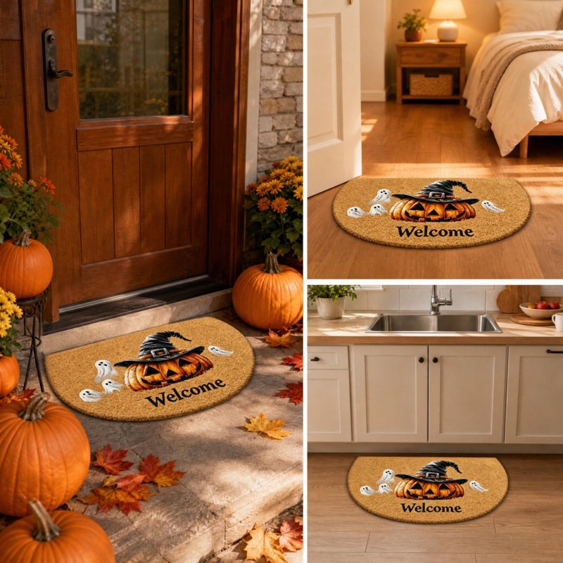 Halloween Welcome Doormat Pumpkin Ghost Non-Entry Floor Rug 24x16in - Thickened Scraper Mat
