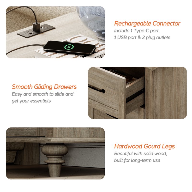 Grey End Table with 2 Drawers and Charging Station