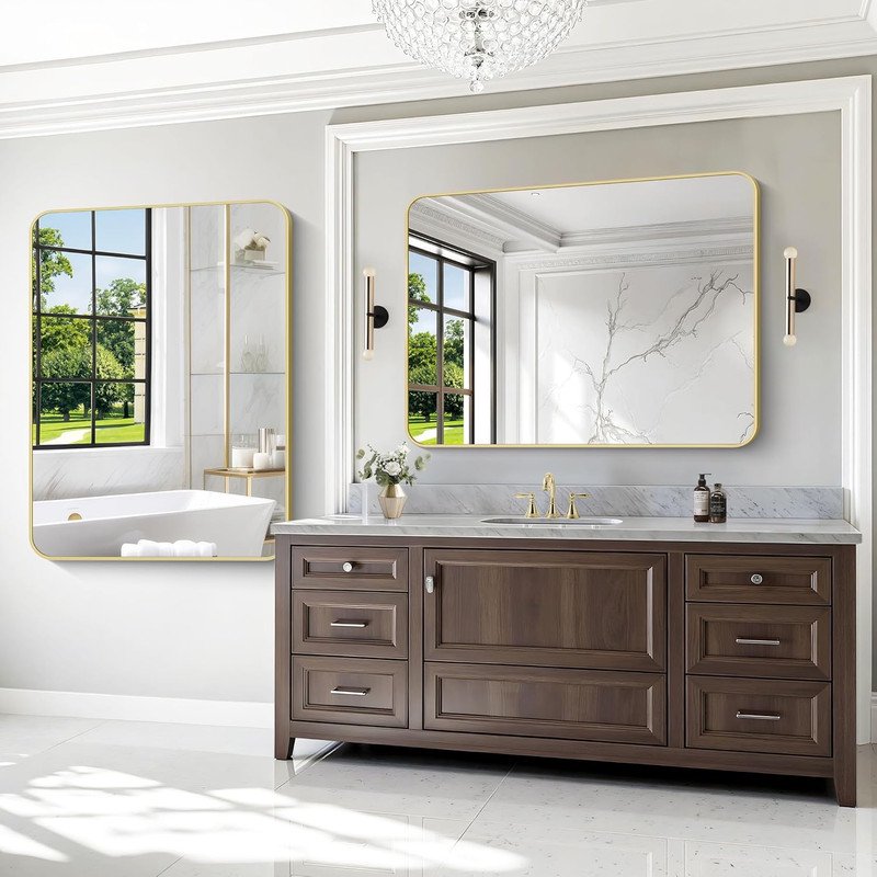 36x48 Inch Gold Bathroom Mirror - Rounded Edge Wall Mount Vanity Mirror - Clarvion