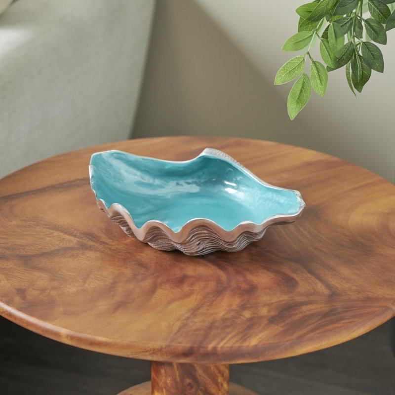 Coastal Seashell Metal Serving Bowl - Teal 12" x 3"