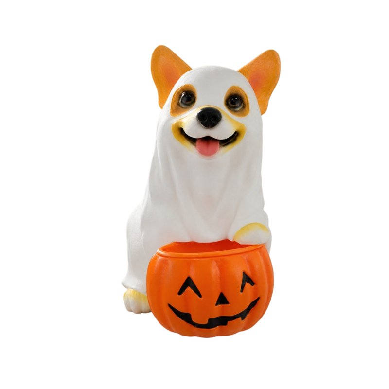 Halloween Ghost Dog Pumpkin Candy Bucket - Resin Corgi Figurine with Handle, 9.84in - Variation #029