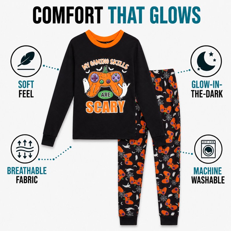 Halloween Boys Pajama Set - Glow-in-the-Dark Mummies Bats Skeletons Pumpkin 4