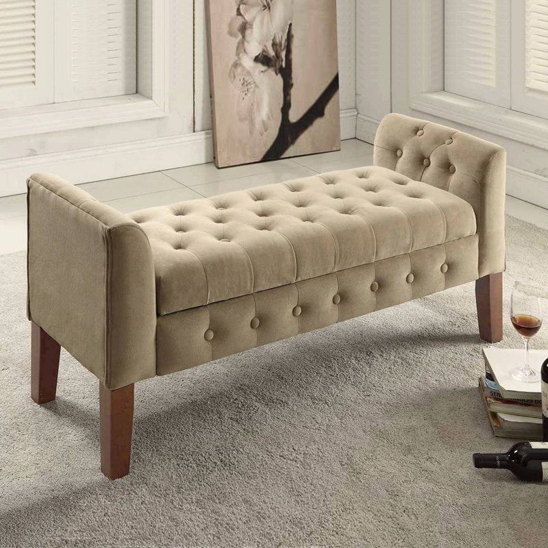 Velvet Upholstered Button Tufted Storage Bench Settee - Beige and Brown