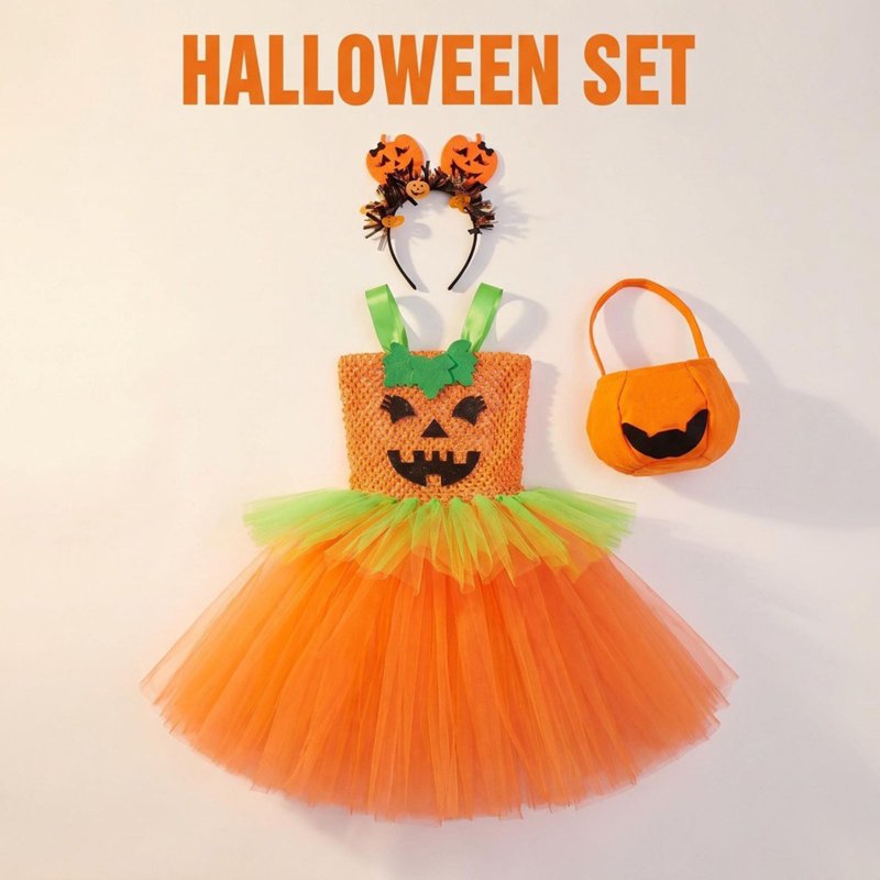 Kids Halloween Costume Dress with Accessories - Multicolour Princess Pumpkin Theme, 9-10 Years - Fancy Dress Costume