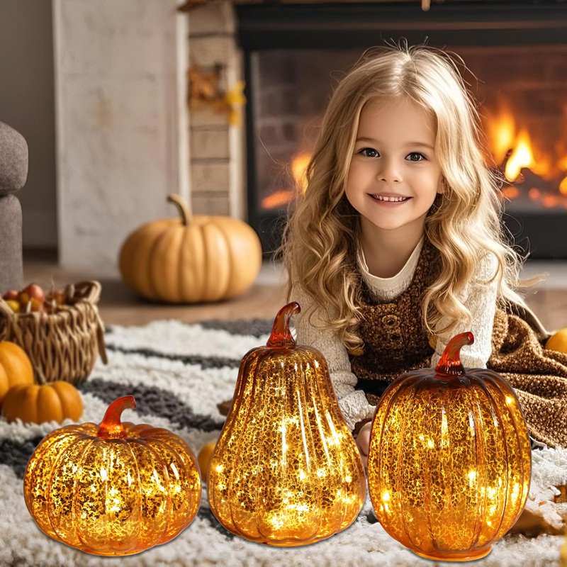 Mercury Glass Pumpkin Lights with Timer - Fall Harvest Decor, C#2, 1 Piece