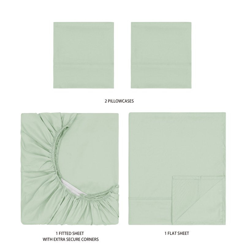 Full Light Green Microfiber Bed Sheet Set - 4 Piece, Wrinkle-Resistant, All-Season