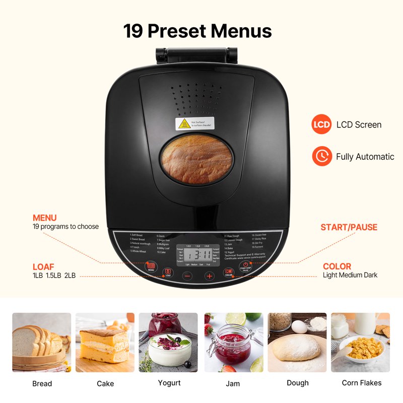 2lb Programmable Bread Maker with 19 Settings and Nonstick Ceramic Pan