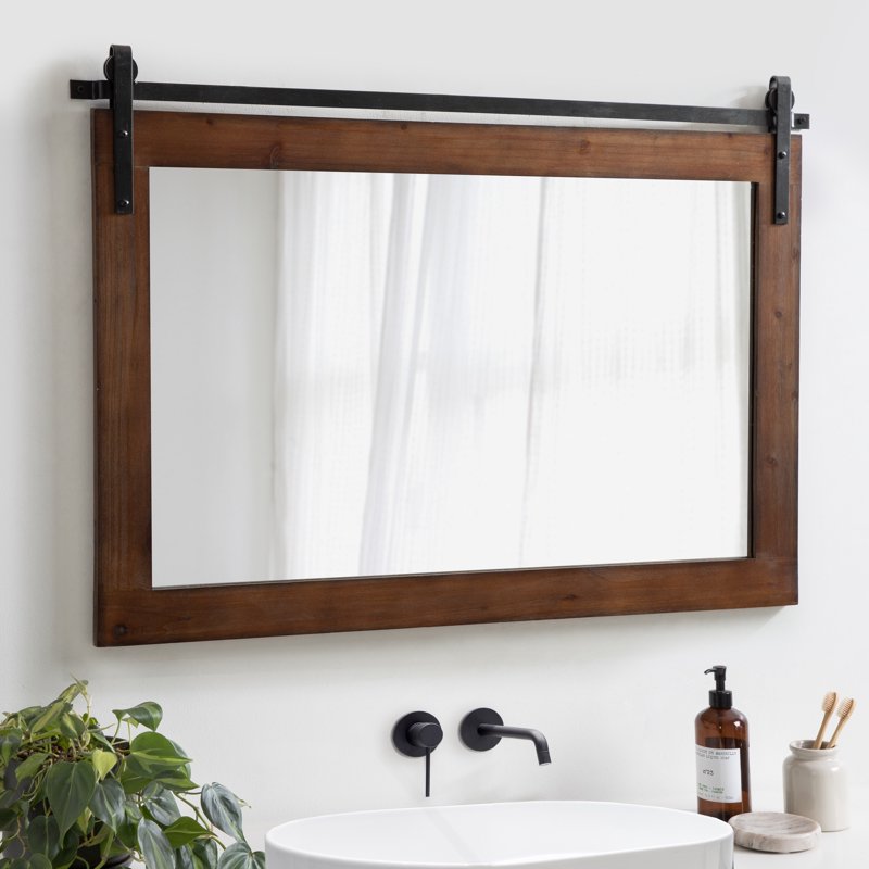 Farmhouse Wall Mirror with Barn Door Design - Walnut Brown, 38 x 27