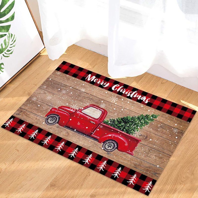 Christmas Brown Red Truck Welcome Door Mat - 30x18 Inch Non-Slip Holiday Rug