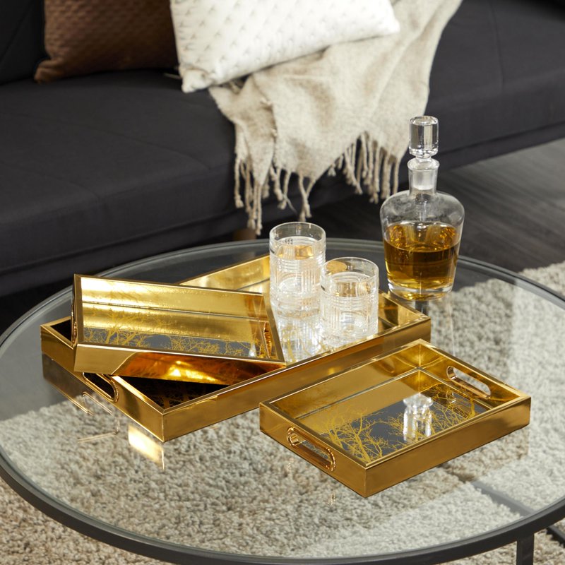 Gold Plastic Mirrored Geometric Tray Set - 3 Pieces, 18" & 11"