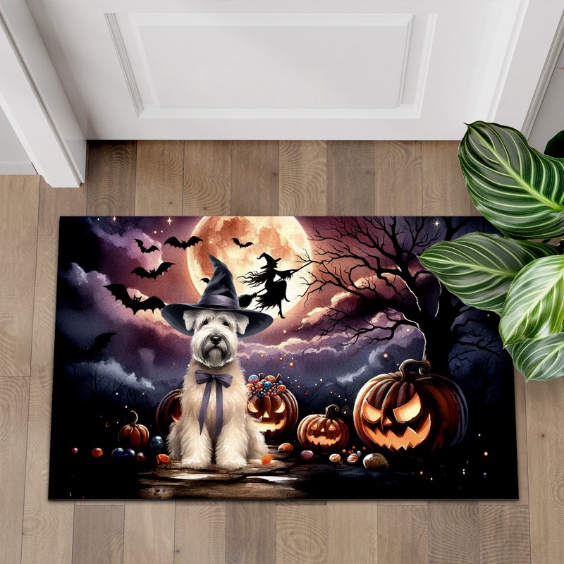 30x18 Inch Rubber Doormat with Soft Coated Wheaten Terrier & Pumpkins Halloween
