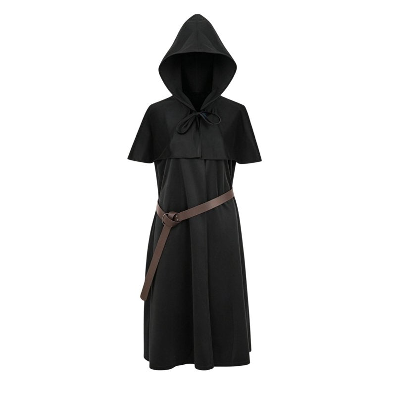 Medieval Monk Robe Hooded Cloak with Belt 2-Piece Costume Set Black XXL - Renaissance Halloween Cosplay