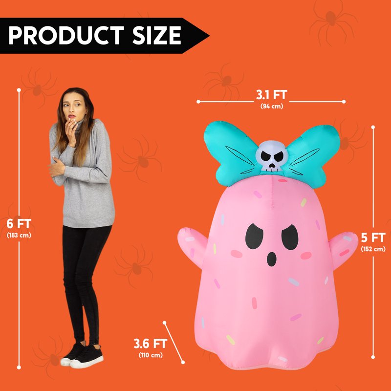 Pink Bow Ghost Inflatable Halloween Decor - 5 Ft Outdoor Ghost with Pumpkin Head & LED Lights
