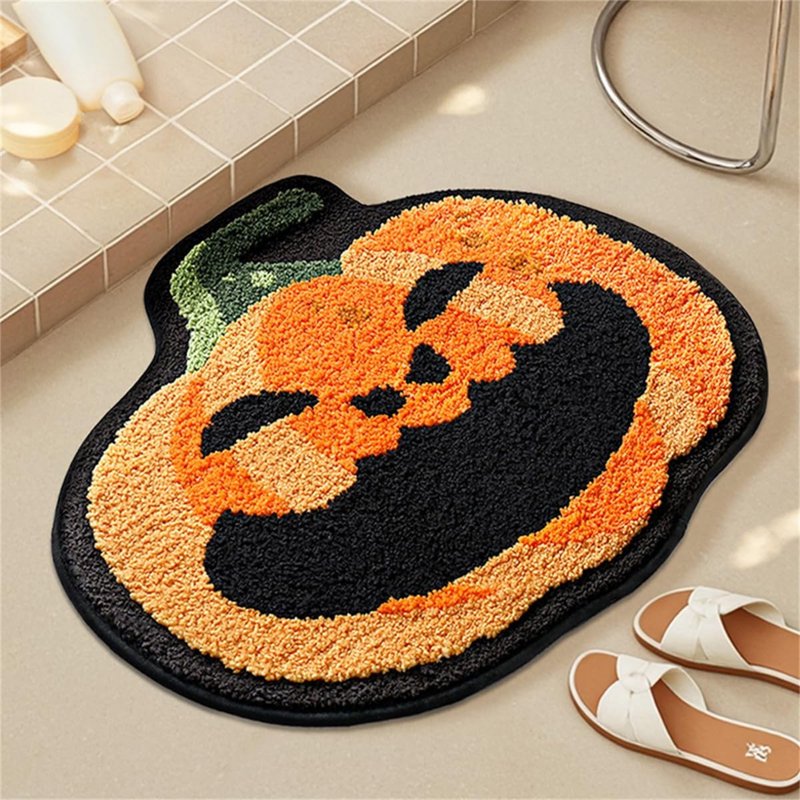 Pumpkin Bath Mat - Cute Orange Shaggy Rug with Non-Slip Back - Variation D
