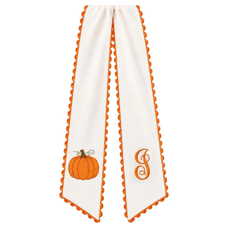 Halloween & Fall Pumpkin Embroidered Wreath Sash - Orange Scalloped Ribbon - Seasonal Front Door Decor - Variation I