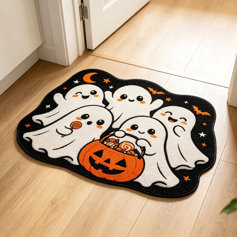 Halloween Door Mat with Ghost Pattern - Irregular Shaped Non Slip Absorbent Welcome Mat - Multicolor
