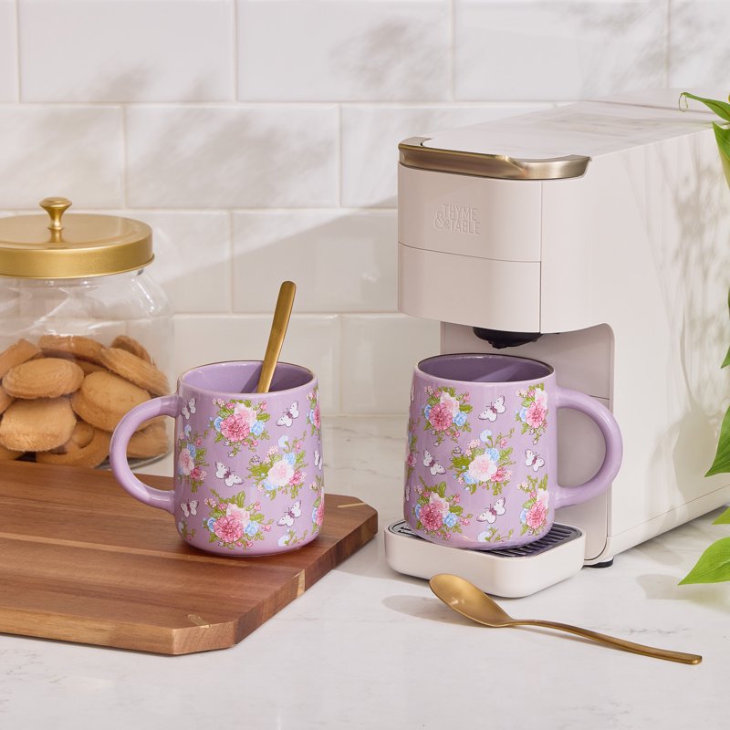 Purple Floral Stoneware Mug Set - 14.5 oz, Set of 2