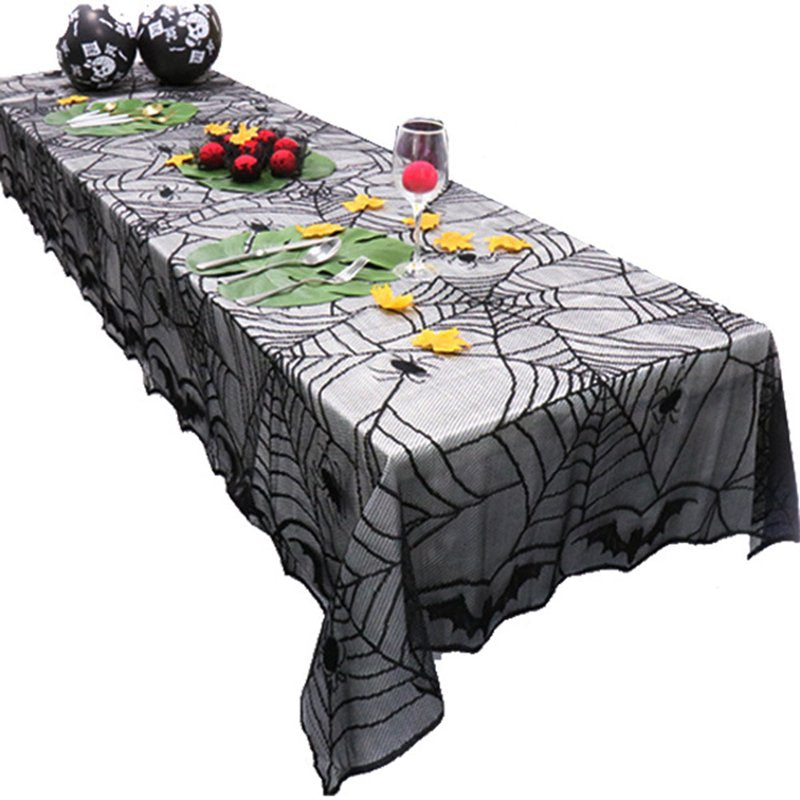 Halloween Spider Web Tablecloth - Black Lace Fabric for Parties 48x96 Inch