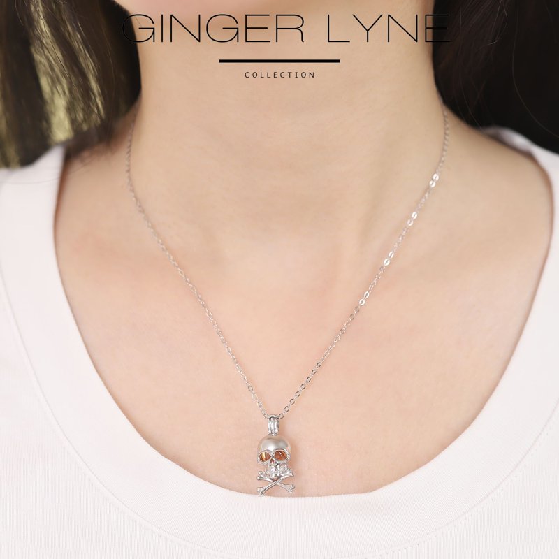 Sterling Silver Skull Necklace for Women with Amber Bead Eyes and Adjustable Chain