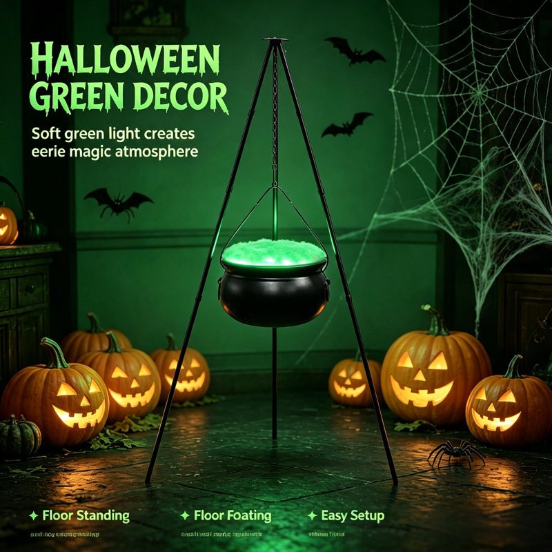 Halloween Outdoor Witch Cauldron with Tripod & Timer Lights - Black 51.1" x 7.87" - Spooky Yard Decor