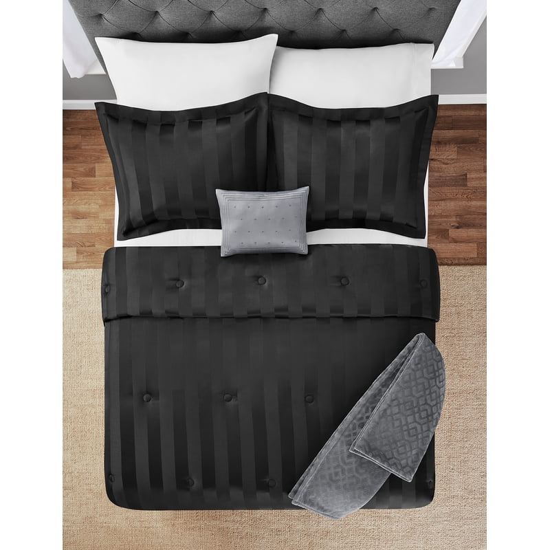 King Damask Stripe Comforter Set - Reversible Black Bedding with Pillows & Throw