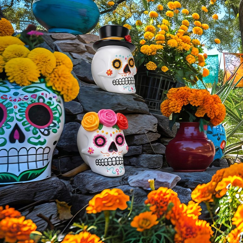 Resin Day of the Dead Skull Couple Figurines Halloween Decor Black White