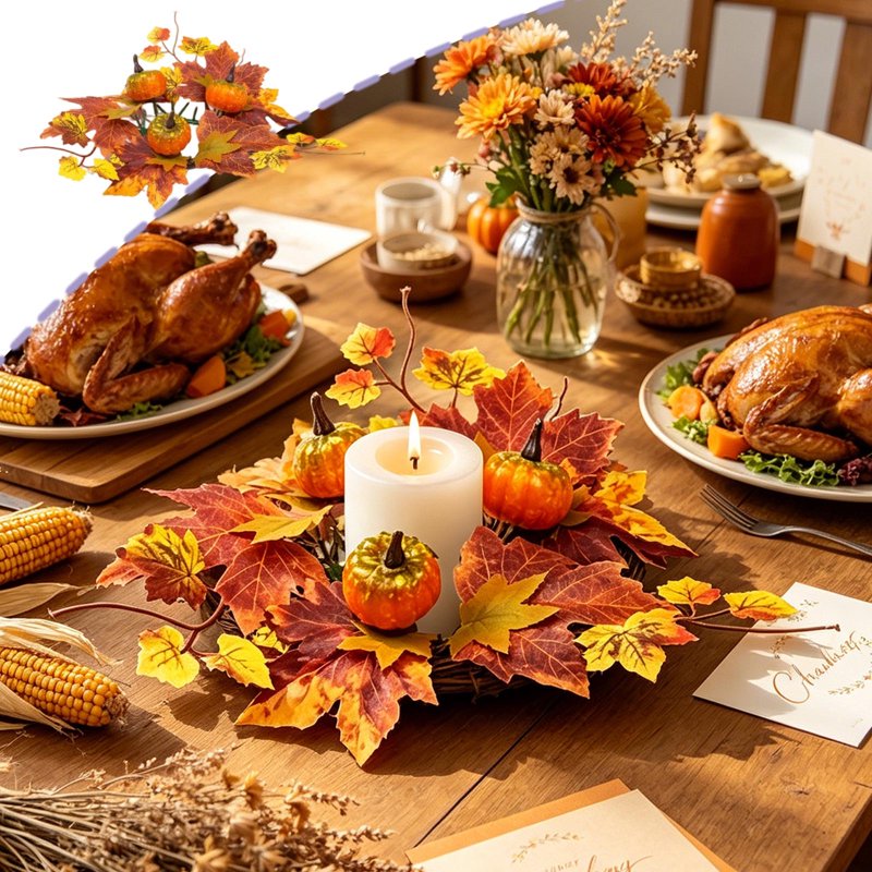 Fall Pumpkin Candle Ring with Maple Leaves - Rustic Autumn Wreath for Pillar Candles - Variation #34
