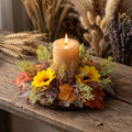 Fall Sunflower Candle Ring - Artificial Harvest Floral Mini Wreath for Pillar Candles - Rustic Autumn Home Decor - Variation #6