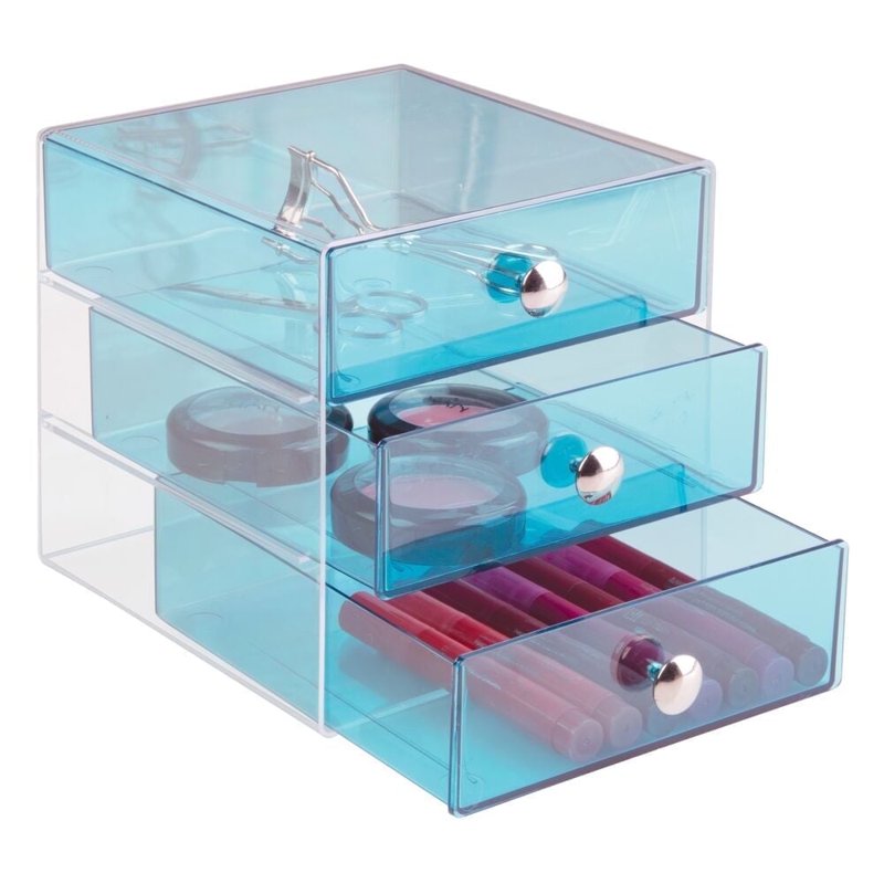 Aqua Plastic 3-Drawer Vanity Organizer - BPA-Free Storage for Jewelry & Cosmetics