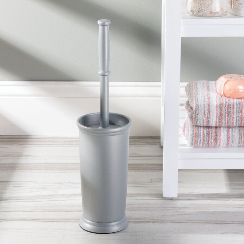 Toilet Bowl Brush and Holder Set - Silver, Compact Bathroom Storage