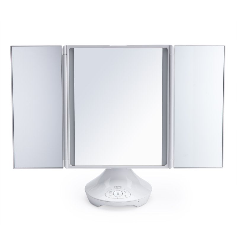 Trifold Tabletop Vanity Mirror with Bluetooth Speaker and LED Lighting