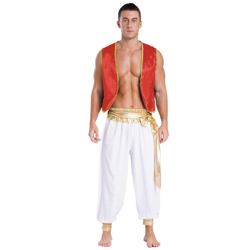 Men's Arabian Prince Costume Vest & Harem Pants Set - Burgundy & White 3XL