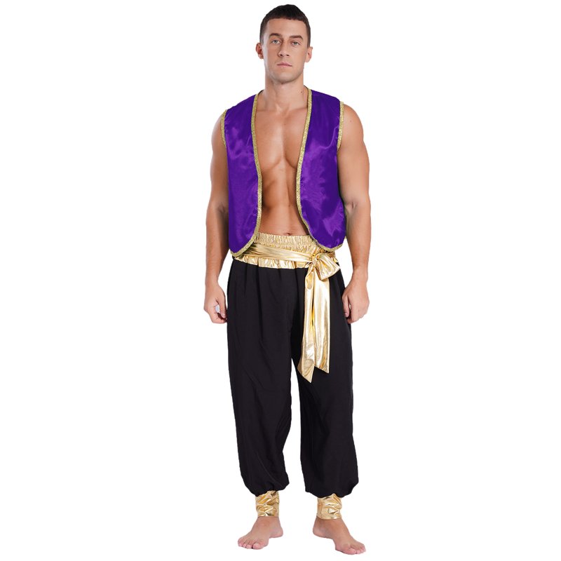 Men's Arabian Prince Costume Vest & Harem Pants Set - Dark Purple & Black XL