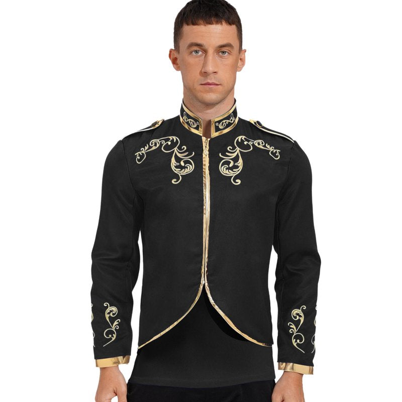 Men's Medieval Royal Prince Costume Coat - Victorian Gold Embroidered Black XXL